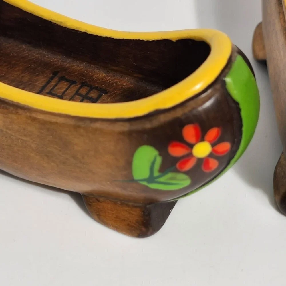 Miniature Hand Painted Vintage Wooden Clogs With Floral Design Red Tips Pair
